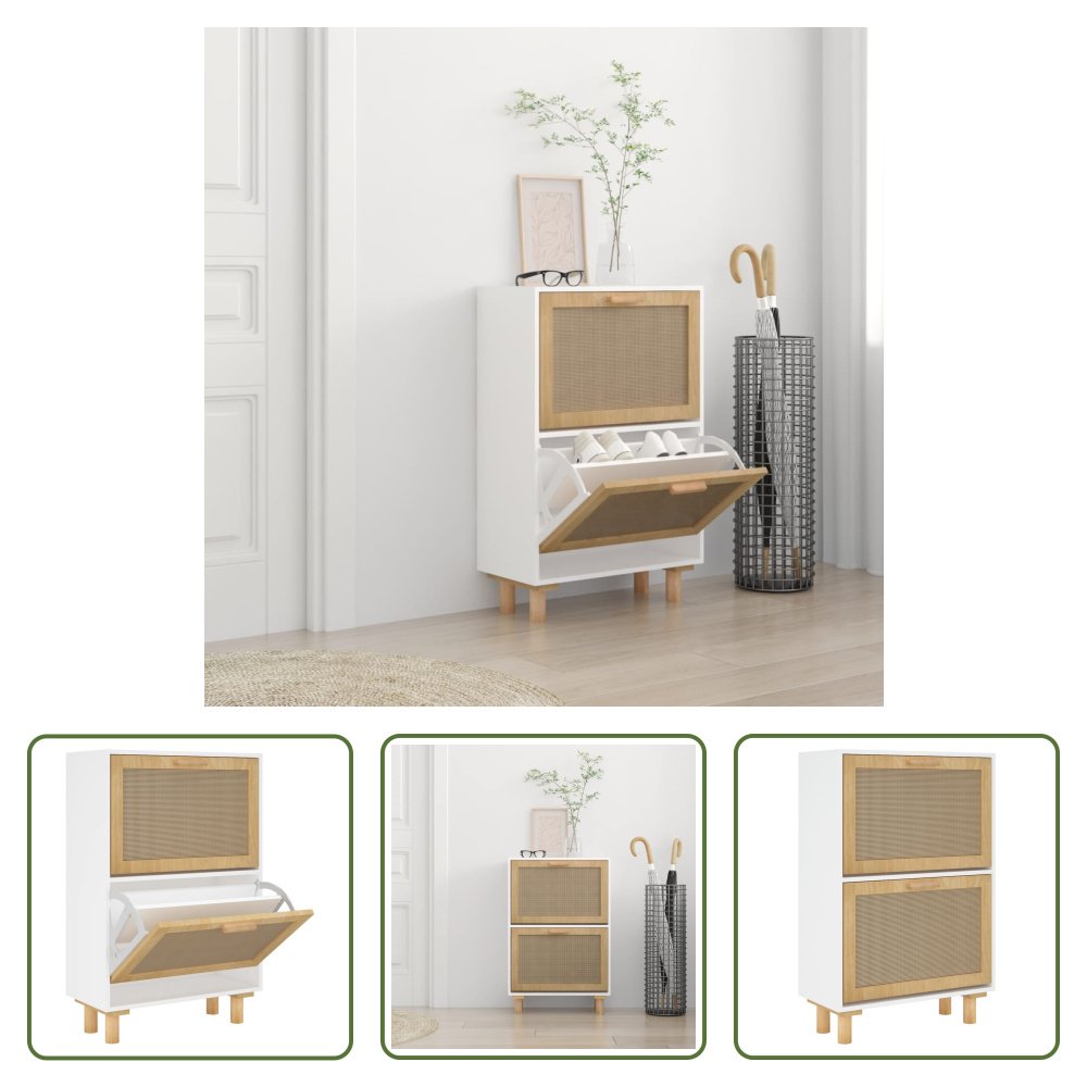 The Living Store Szafka na buty biała 52x25x80 cm materiał drewnopochodny i naturalny rattan