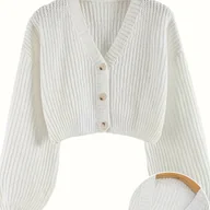Swetry damskie - TEMU Elegancki damski kardigan z obniżonymi ramionami - miękki, nierozciągliwy sweter zapinany na guziki, idealny do warstwowania jesienią i zimą, z - miniaturka - grafika 1