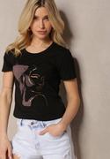 Koszulki i topy damskie - Czarny Bawełniany T-shirt z Ozdobnym Nadrukiem Biola - miniaturka - grafika 1