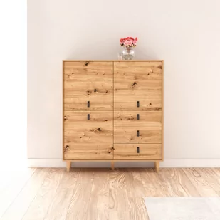 Wysoka Komoda z 3 Szufladami 135 cm ARTISAN Regał DREWNIANE NOGI uchwyty EKOSKÓRA - Komody - miniaturka - grafika 1
