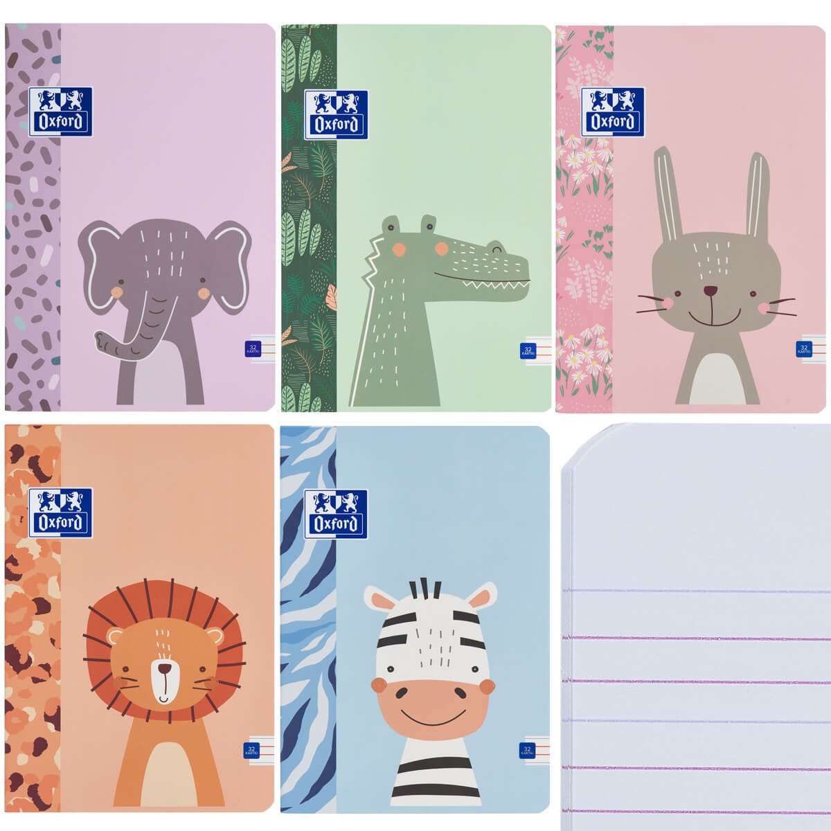 5x ZESZYT A4, 32 KARTKI, 3LINIA KOLOROWA, OXFORD ZWIERZAKI, KAŻDA OKŁADKA INNA