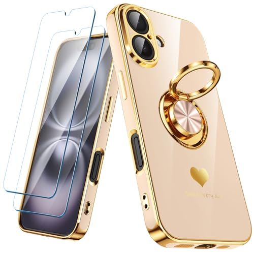 Nonional Etui kompatybilne z iPhone 16 z 2 szt. ochraniaczy ekranu, obracany o 360° uchwyt pierścieniowy [luksusowy wzór w serca] platerowane złotą krawędzią smukłe miękkie etui na telefon iPhone 16 -