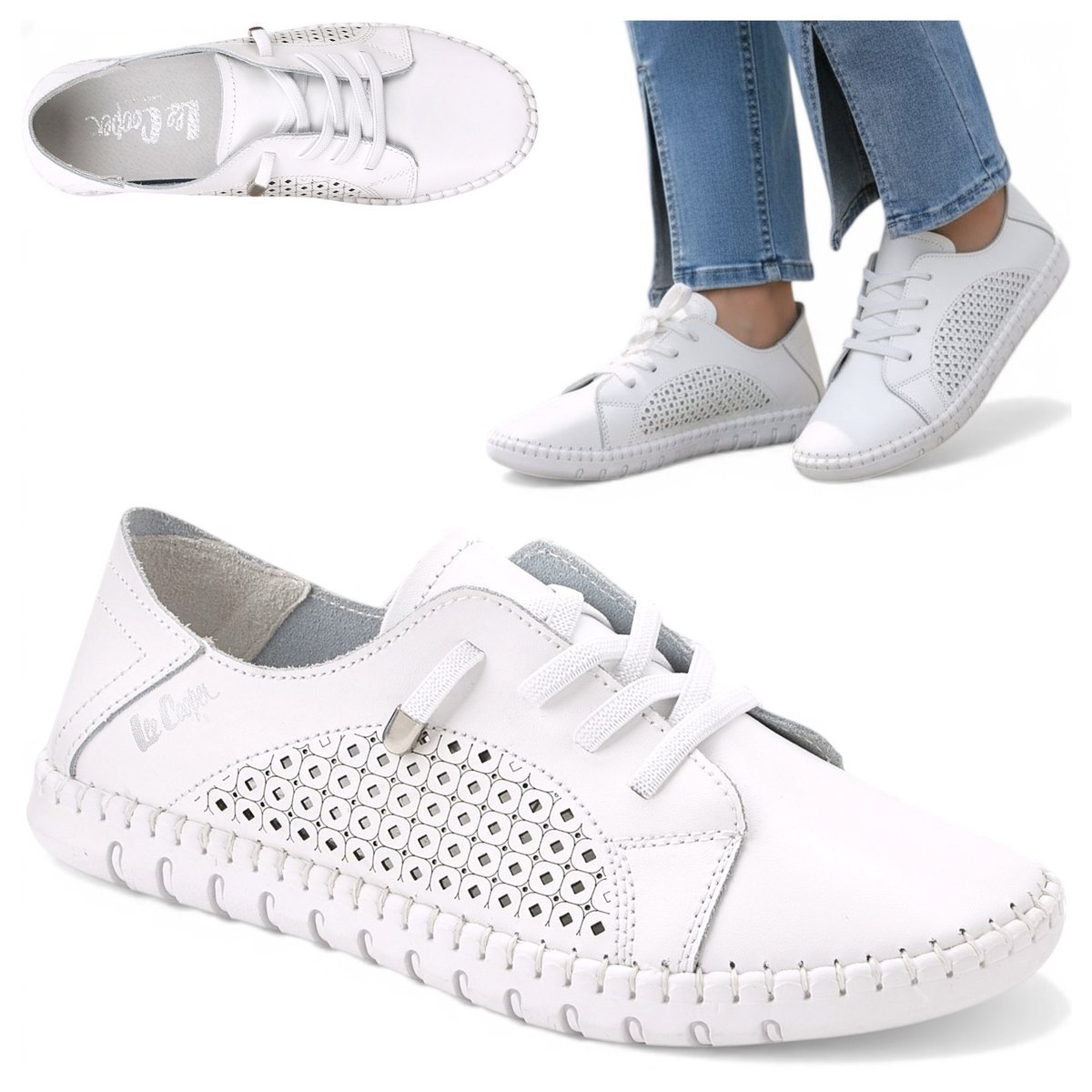 Sneakersy Damskie SKÓRZANE Sportowe Lee Cooper Półbuty Wsuwane Ażurowe 38