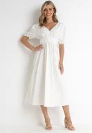 Sukienki - Biała Rozkloszowana Sukienka Midi z Ozdobnym Wiązaniem na Plecach i Gumką w Pasie z Lnem Senaida - miniaturka - grafika 1