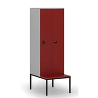 Szafy biurowe - Drewniana szafa ubraniowa z ławką, 2-drzwiowa, 1871 x 600 x 500/800 mm, zamek RFID, szary/czerwony - miniaturka - grafika 1