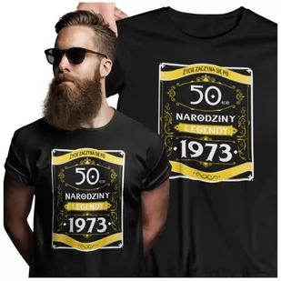Koszulka na 50 urodziny na pięćdziesiątkę 50 LAT z napisem "ŻYCIE ZACZYNA SIĘ PO 50-TCE NARODZINY LEGENDY 1973" kolor czarny - Gadżety dla niej i dla niego - miniaturka - grafika 1