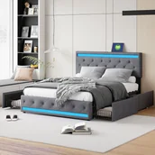 Łóżka - Łóżko tapicerowane Fortuna Lai 180x200cm z zagłówkiem o regulowanej wysokości i 4 szufladami, gniazdo bezpieczeństwa LED i USB, funkcjonalne łóżko dwuosobowe wykonane z lnu, ciemnoszare - miniaturka - grafika 1