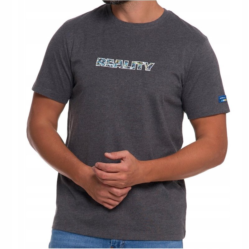 T-SHIRT MĘSKI koszulka okrągły dekolt z napisem grafitowy Basic L