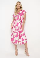 Sukienki - Różowo-Biała Koszulowa Sukienka w Kolorowe Łaty z Paskiem w Talii o Rozkloszowanym Kroju Folefia - miniaturka - grafika 1