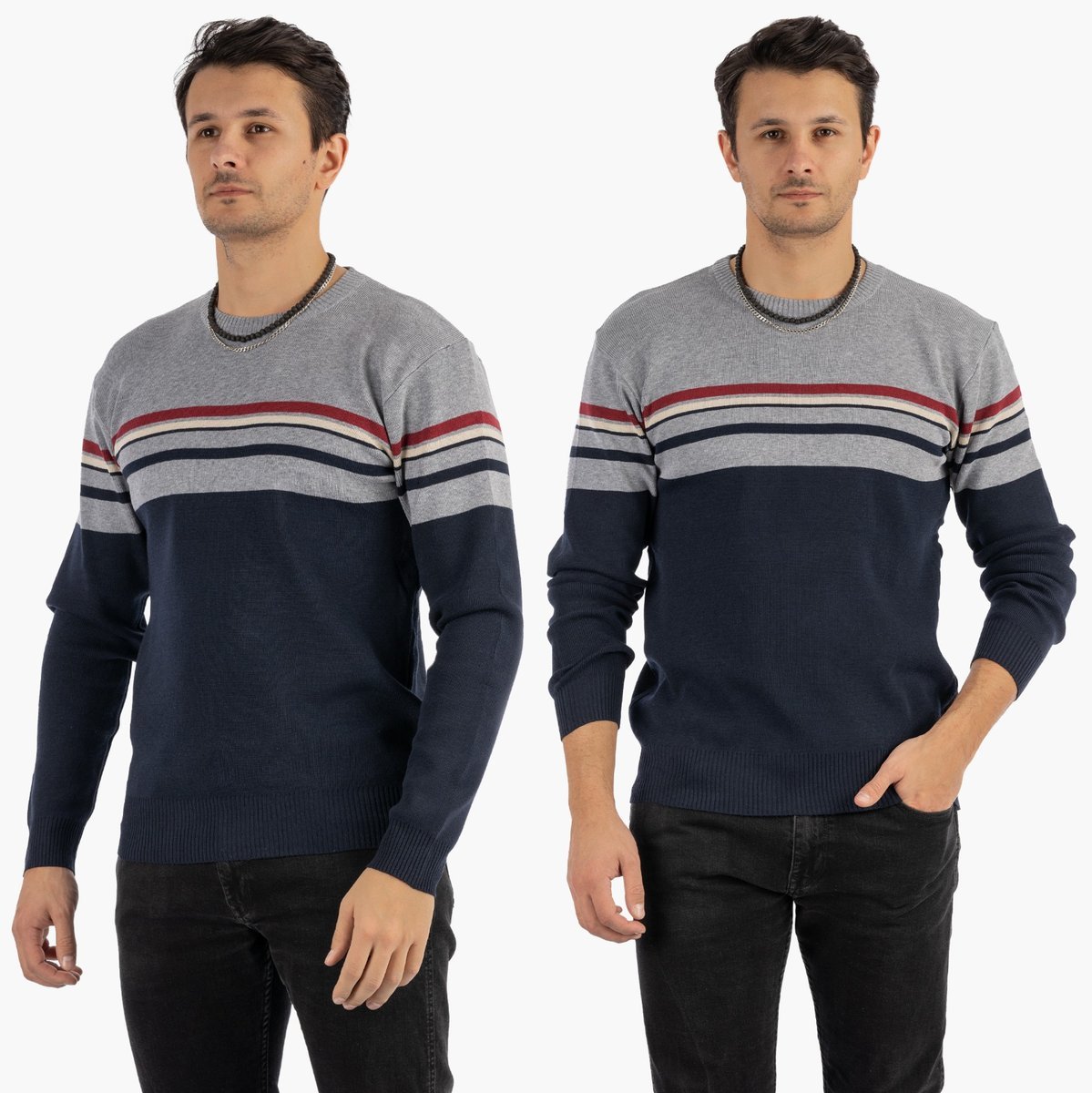 Sweter Męski Klasyczny Elegancki Wygodny Okrągły Dekolt Szary W Paski MUST L Szary