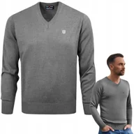 Swetry męskie - SWETER Męski w Serek Elegancki Gładki CIEMNOSZARY melanż XXL Pako Jeans - miniaturka - grafika 1