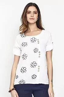 Koszulki i topy damskie - Bonateks damska top 100% lniana tunika wyprodukowana we Włoszech, czysta lniana koszula z haftem i guzikami z przodu, biała, rozmiar: M, biały, M - grafika 1