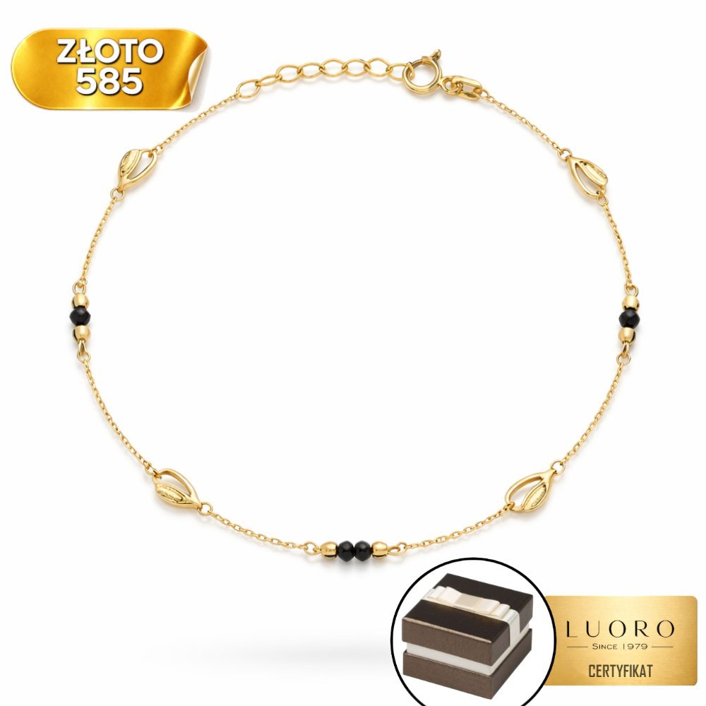 BRANSOLETKA ZŁOTA 585 14K Z CZARNYMI KAMIENIAMI I KULKAMI 17 CM REGULOWANA