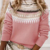 Inne - Damski Sweter z Długim Rękawem i Okrągłym Dekoltem - Wygodny, Akrylowy, z Etnicznym Wzorem, Idealny na Jesień/Zimę - miniaturka - grafika 1