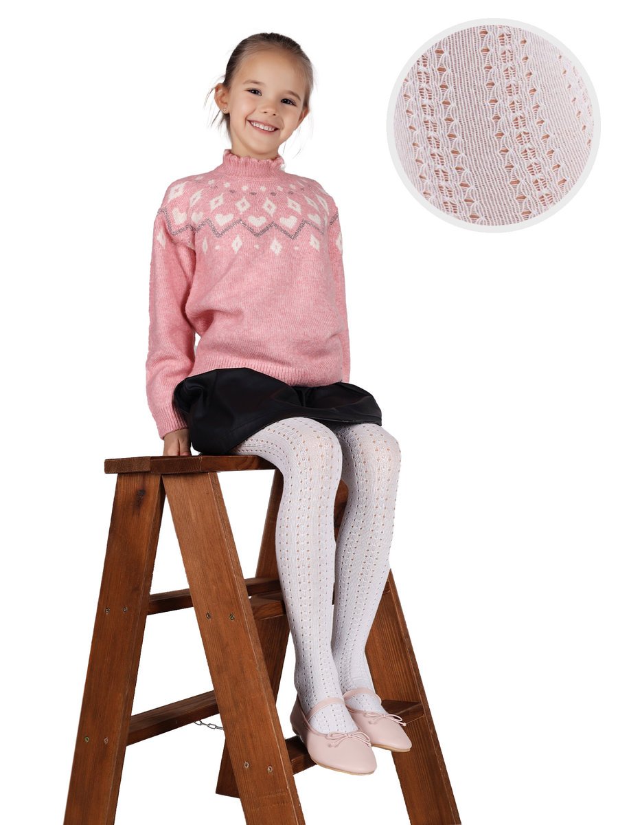 Rajstopy bawełniane dziewczęce dziecięce ażurowe białe 128-134 MYWAY