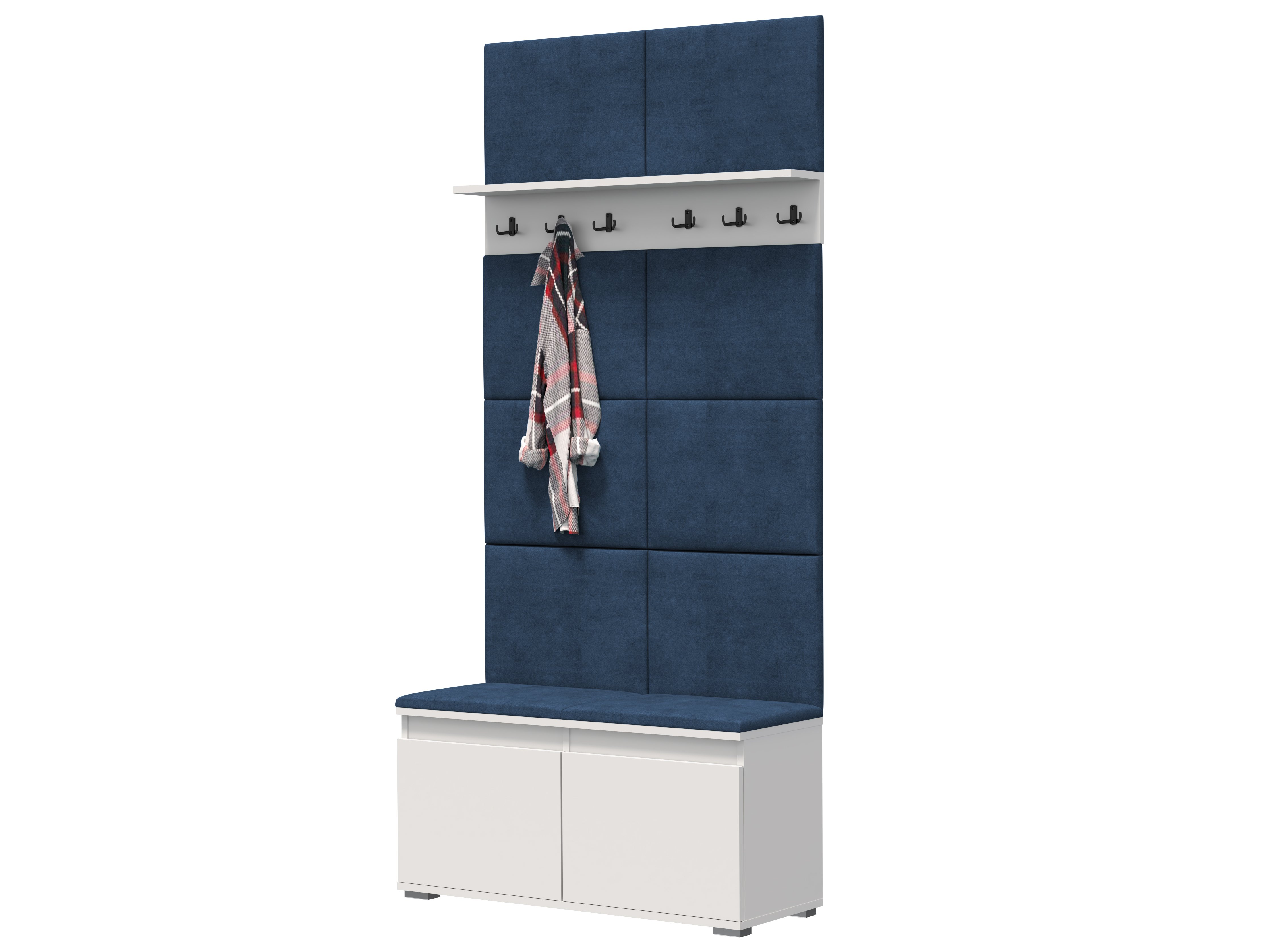 Meblowa1 Zestaw Szafka na buty z siedziskiem, panel ścienny i półka z 6 wieszakami, 8 paneli ściennych, granatowy, nowoczesny, biały, 100x214x37 cm