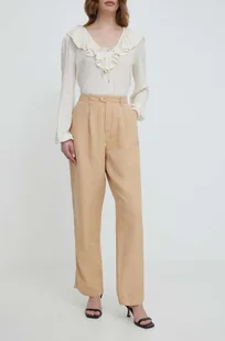 Tommy Hilfiger spodnie z domieszką lnu kolor beżowy proste high waist - Spodnie damskie - miniaturka - grafika 1