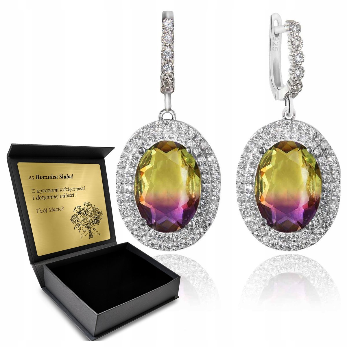 Kolczyki Srebrne 925 Z Cyrkoniami Ametrynem Biżuteria Dla Kobiety + Grawer