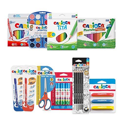 CARIOCA Back To School | 100 sztuk Zestaw papeterii powracających do szkoły z kolorowymi ołówkami i grafitem, akwarelami z pędzlem, markerami, mazywalnymi długopisami, woskami, gumami, nożyczkami i