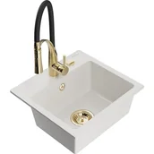 Zlewozmywaki z baterią - Mexen Milo zlewozmywak granitowy 1-komorowy z baterią kuchenną Aster, biały - miniaturka - grafika 1