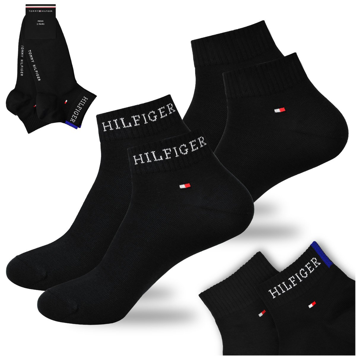 TOMMY HILFIGER Skarpety Męskie Za Kostkę Bawełna Logo CZARNE 2P Roz. 39/42