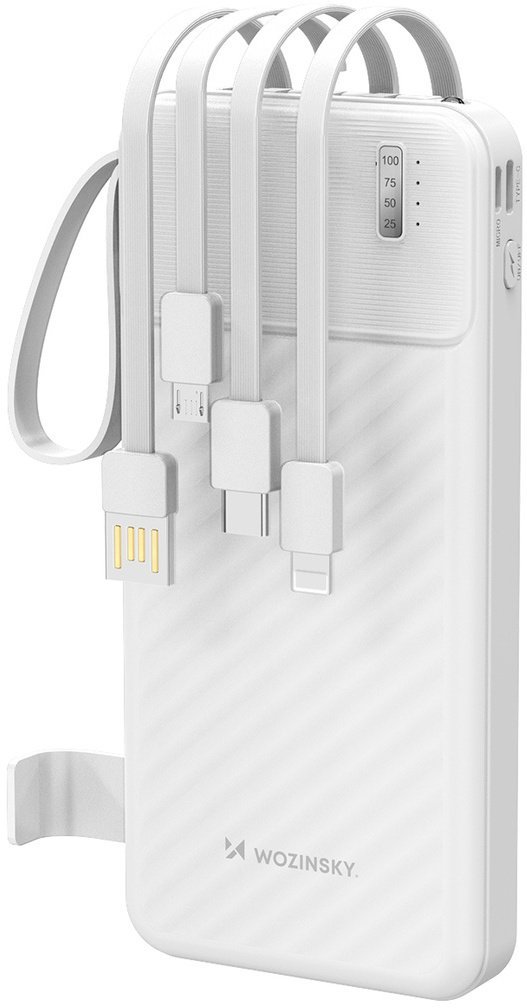 Wozinsky Powerbank W11-W 10000mAh 10W z wbudowanymi kablami i latarką - biały 5907769388088