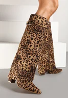 Kozaki damskie - Brązowe Kozaki w Panterkę na Słupku z Wywiniętą Cholewką i Klamerką Upaxa - miniaturka - grafika 1