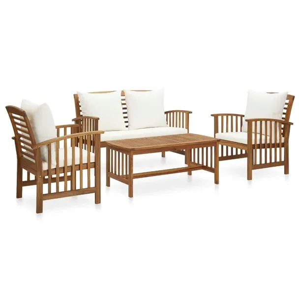 Drewniany zestaw wypoczynkowy do ogrodu z poduszkami kremowymi, wymiary: st