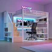 Łóżka dla dzieci i młodzieży - Łóżko piętrowe 90 x 200 cm z biurkiem i półką - Żelazna rama - Oświetlenie LED, 2 porty USB i 1 port typu C - Białe (materac nie jest wliczony w cenę) - miniaturka - grafika 1