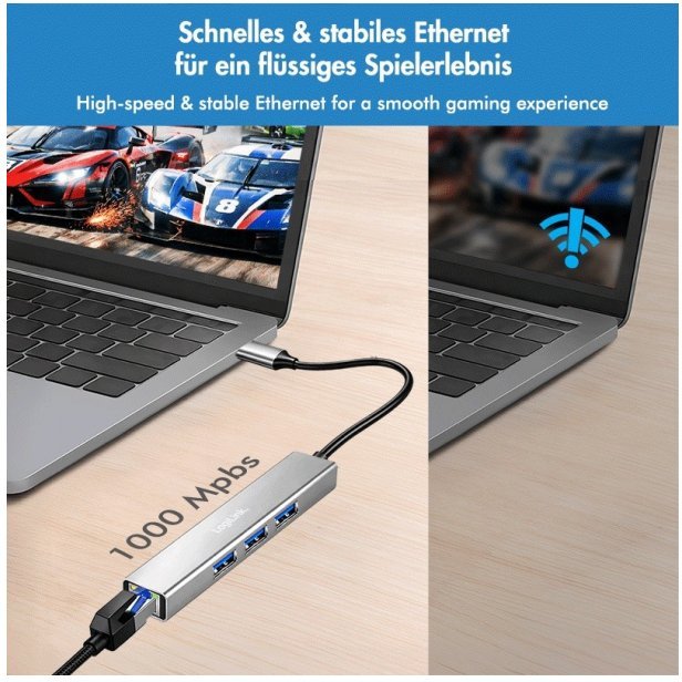 Karta sieciowa LogiLink LogiLink USB 3.2 Gen1 Hub, 3xUSB-A, 1xRJ45 Gigabit Ethernet UA0461