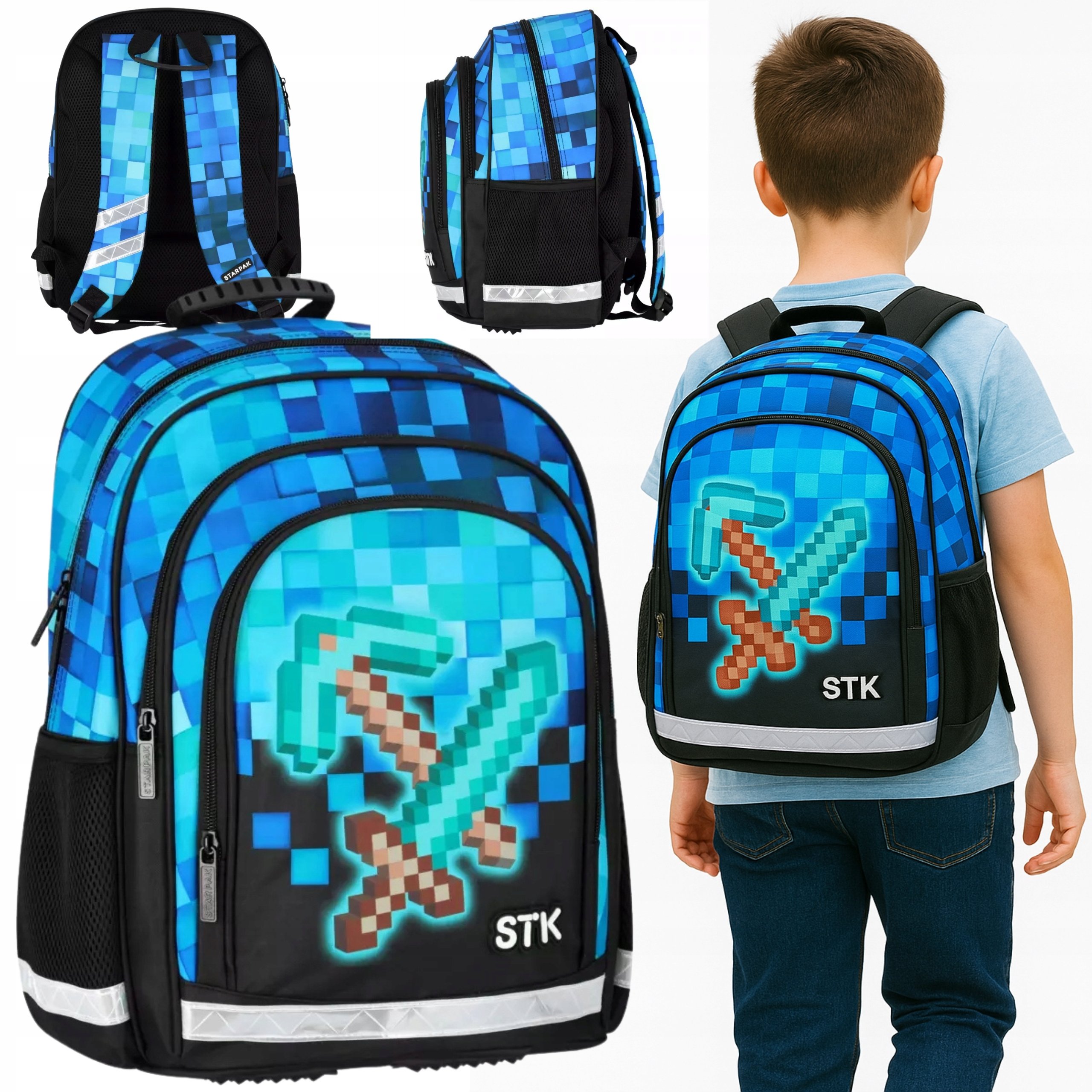 Plecak Szkolny Dla Chłopca Minecraft Pixel Niebieski Pojemny 23l Lekki