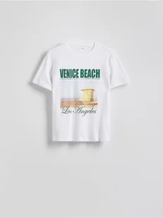 Reserved - Bawełniany t-shirt z nadrukiem - biały - Koszulki i topy damskie - miniaturka - grafika 1