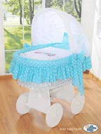 Łóżeczka i kojce - Kosz Mojżesza z budką- Sówki biały + turkusowo-biała pościel z haftem - miniaturka - grafika 1