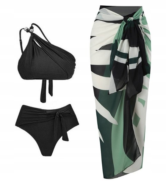 Stylowy Zestaw Kąpielowy Bikini Z Wysokim Stanem I Chustą Zielony S