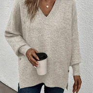 Swetry damskie - TEMU Sweter damski z eleganckim dekoltem w serek, 100% poliester, jednolity , moda jesień/, dzianina 300g/m², wygodny top typu pullover - miniaturka - grafika 1