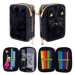 Astra Piórnik Jumbo Szkolny Potrójny Trzyklapkowy Z Wyposażeniem Etui Z Przyborami Szkolnymi Fluffy Kitty Black - Piórniki - miniaturka - grafika 1