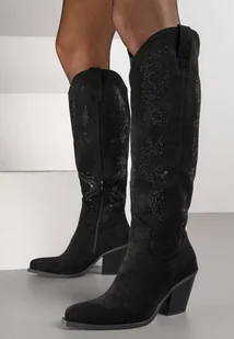 Czarne Kozaki Kowbojki na Stożku z Cholewką Zdobioną Cyrkoniami Zevire - Kozaki damskie - miniaturka - grafika 1