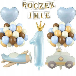 BALONY 1 URODZINY ŚCIANKA ROCZEK IMIĘ BANER ZESTAW BALONÓW AUTO SAMOLOT - Baby shower i roczek - miniaturka - grafika 1