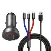 Ładowarki samochodowe - Baseus ładowarka samochodowa 2x USB 4,8A 24W z LCD + kabel 3w1 USB - USB Typ C / micro USB / Lightning 1,2m czarny (TZCCBX-0G) - miniaturka - grafika 1