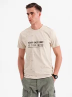 Koszulki męskie - T-shirt męski z nadrukiem i okrągłym dekoltem kremowy V2 OM-TSFP-0187 L - miniaturka - grafika 1