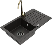 Zlewozmywaki z baterią - Mexen Pablo zlewozmywak granitowy 1-komorowy z ociekaczem i baterią kuchenną Telma, czarny/złoty - 6510-75-670200-50-B - miniaturka - grafika 1