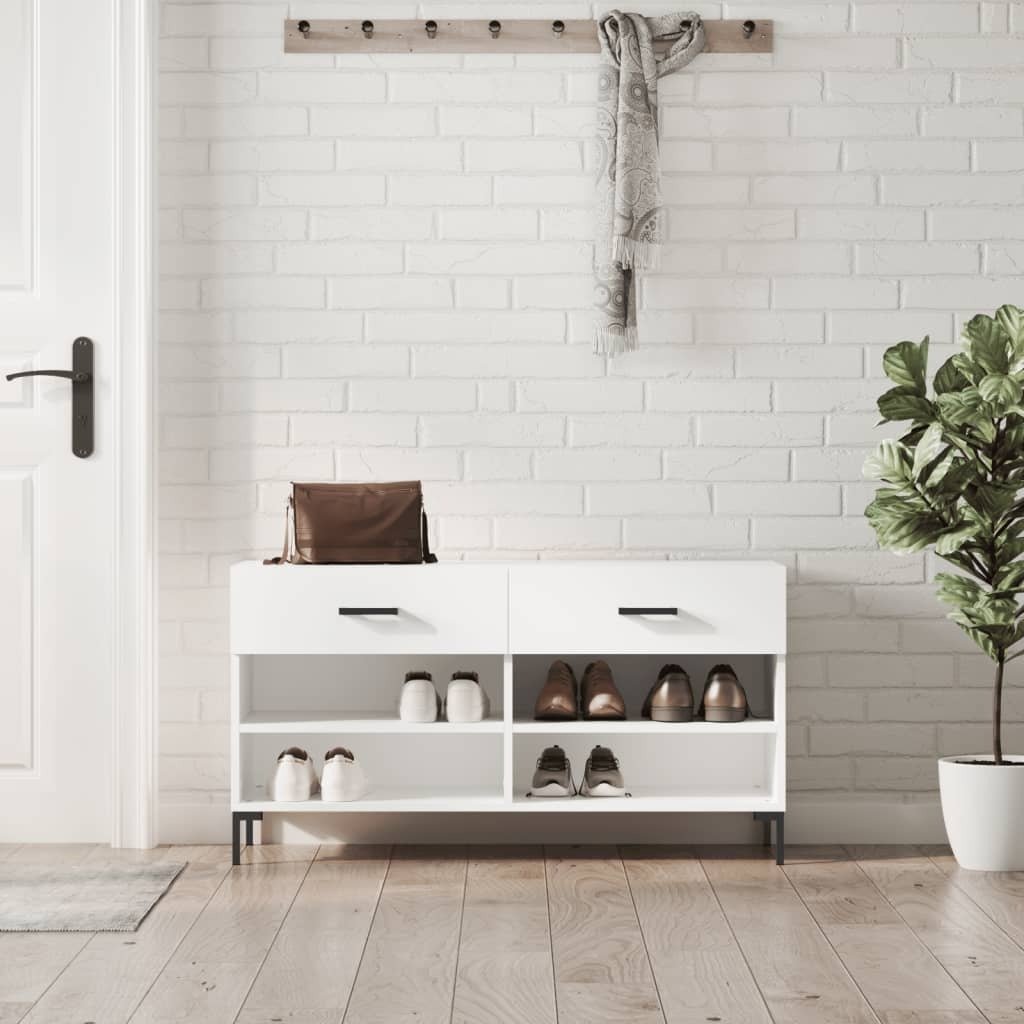 vidaXL Ławka na buty biała 102x35x55 cm Materiał drewnopochodny - Ławka na buty - Ławki na buty - Ławka z miejscem do przechowywania - Stojak na buty