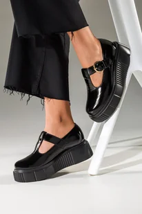 Czarne półbuty skórzane damskie lakierowane na platformie PRODUKT POLSKI Casu 20102 - Półbuty damskie - miniaturka - grafika 1