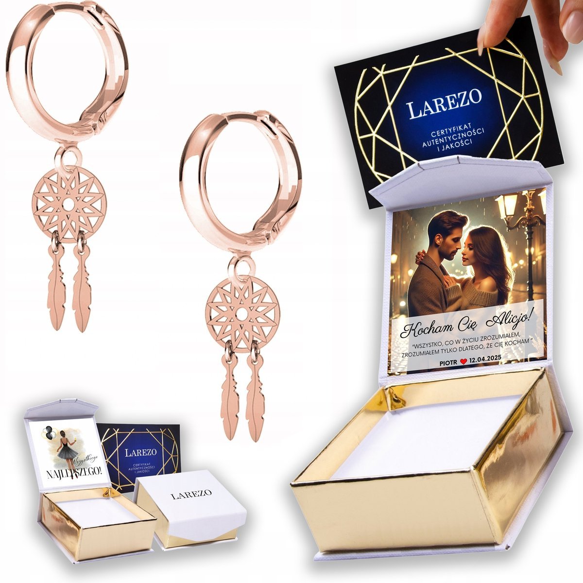 Kolczyki Pozłacane 925 Łapacze Snów z Piórkami Gwiazdki Pióra Piórka NADRUK