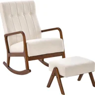 Fotele - Fotel Bujany z Podłokietnikami z Rattanu, Wyściełaną Poduszką z Gąbki i Łukowatą Podstawą z Litego Drewna (65x97x104 cm, z Podnóżkiem, Beżowo-Brązowy) - miniaturka - grafika 1