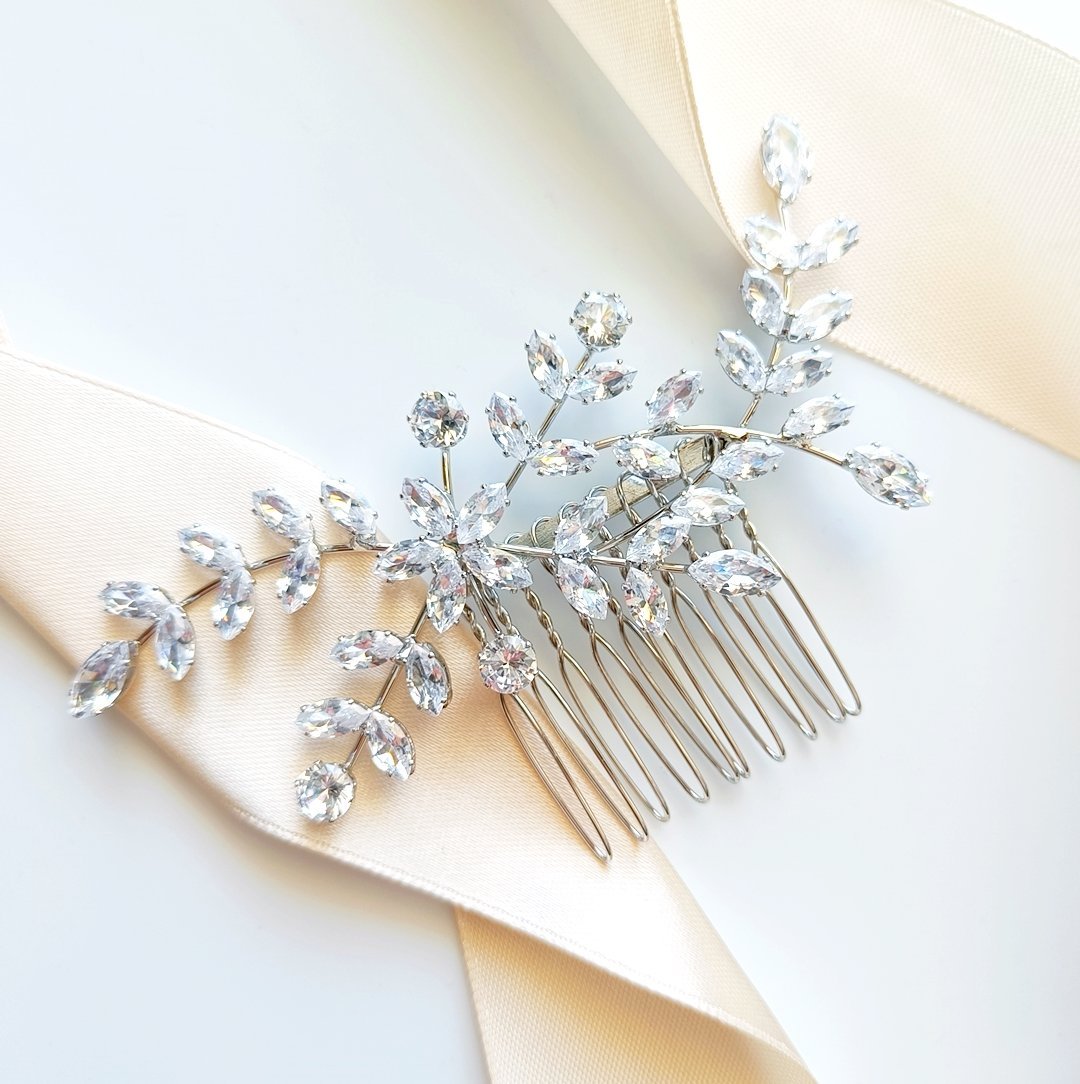 Srebrny grzebyk do włosów okazały z listkami boho glamour ELEGANCKI piękny