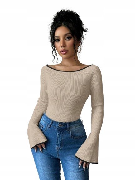 SHEIN BEŻOWY SWETER DAMSKI Z DŁUGIM RĘKAWEM DOPASOWANY 40/42 11EA
