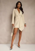 Sukienki - Jasnobeżowa Sukienka o Taliowanym Marynarkowym Kroju Zdobiona Mini Trenem Besilaine - miniaturka - grafika 1
