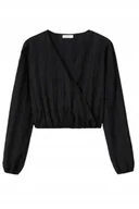 Bluzki damskie - Mango Czarna Bawełniana Bluzka Z Długim Rękawem I Dekoltem V 165 Kyb - miniaturka - grafika 1