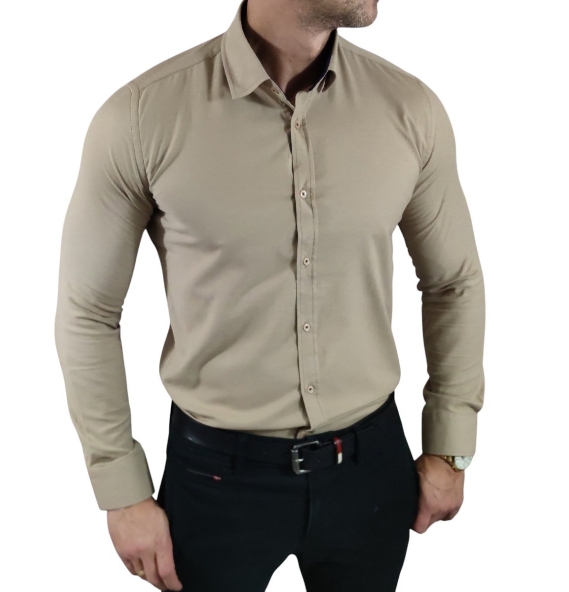 Koszula casualowa slim fit klasyczna oxford struktura beżowa EGO03 XL